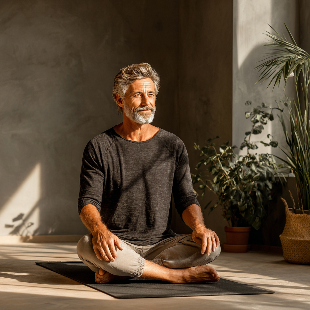 A man in his early 50s in a peaceful yoga studio doing a gentle stretching pose on a yoga mat, grey hair, wearing comfortable clothing, warm natural lighting, focused and relaxed expression, modern minimalist studio interior with plants
